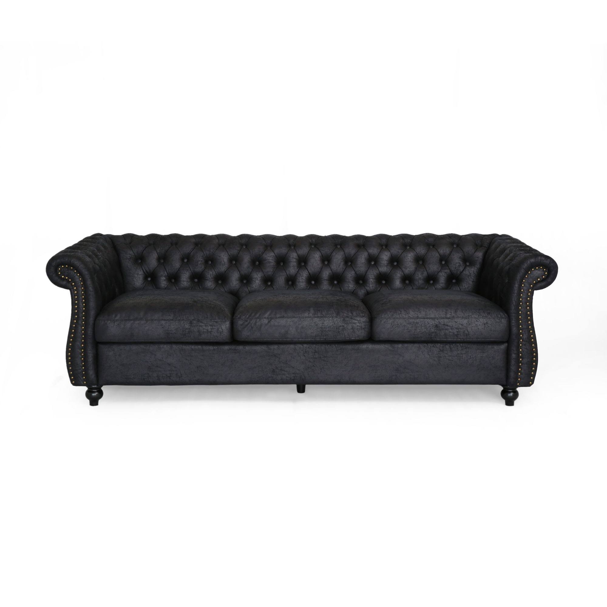 Noble House Somerville Chesterfield Tufted Microfiber Sofa in Black
