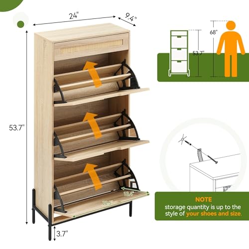 Stylish Rattan Shoe Storage Cabinet with 3 Flip Doors, 1 Drawer, and Adjustable 3-Tier Shelves - Perfect for Entryway, Hallway, Living Room, and Bedroom (Oak Color, Space-Saving Design)