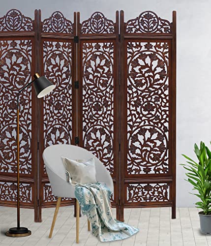 Room Divider Wood Screen - Ghanti Bells Antique Brown - 4 Panel Folding 72 x 80 - Assembled Hand Carved Decorative Functional Versatile Portable Partition Reversible Privacy Boho - COTTON CRAFT