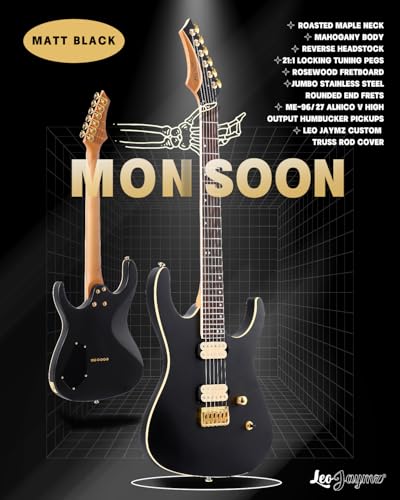 Leo Jaymz Electric Guitar Monsoon Series,Reverse Headstock,Mahogany Body,Roasted Maple Neck,Rosewood Fretboard,Locking Tuners,Rounded End Frets,AlnicoV Pickups,Fixed Bridge (Blue Flame)