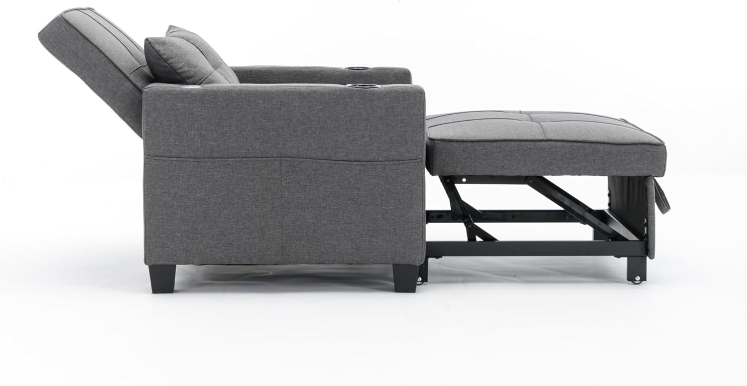 Futon Chair Bed Convertible Chair 3-in-1 Pull Out Sleeper Chair Beds with USB Ports,Wear-resistant and Anti-scratch, Armchair Bed Sleeper for Living Room (Dark Grey Linen)