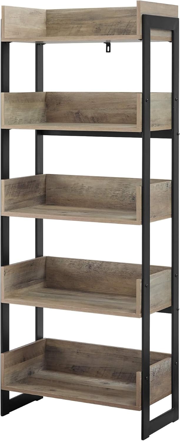 Walker Edison Addison Urban Industrial Metal and Wood 5-Shelf Bookcase, 64 Inch, Grey Wash