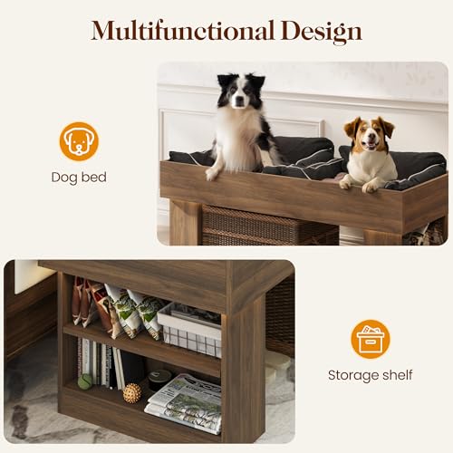Modern Wooden Pet Bed with 2 Cushions and Led Light, Elevated Dog Bed for Small and Medium, Pet Furniture with Storage, Walnut
