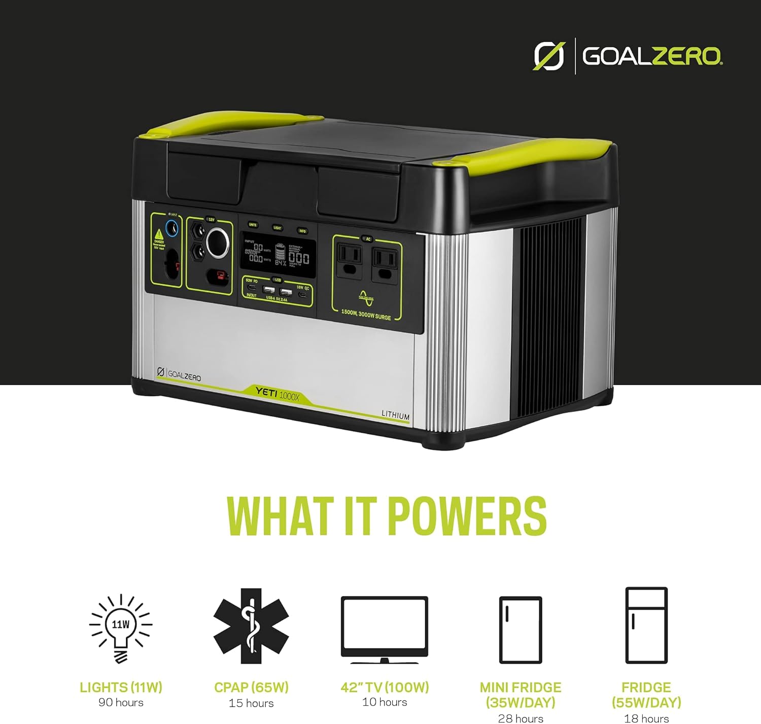 Goal Zero Yeti 1000 Core Portable Power Station, 1,000 W, Solar-Powered Generator (Solar Panel Not Included), USB-A/USB-C Ports and AC Outlets, Power for Camping and Tailgating, Emergency Power
