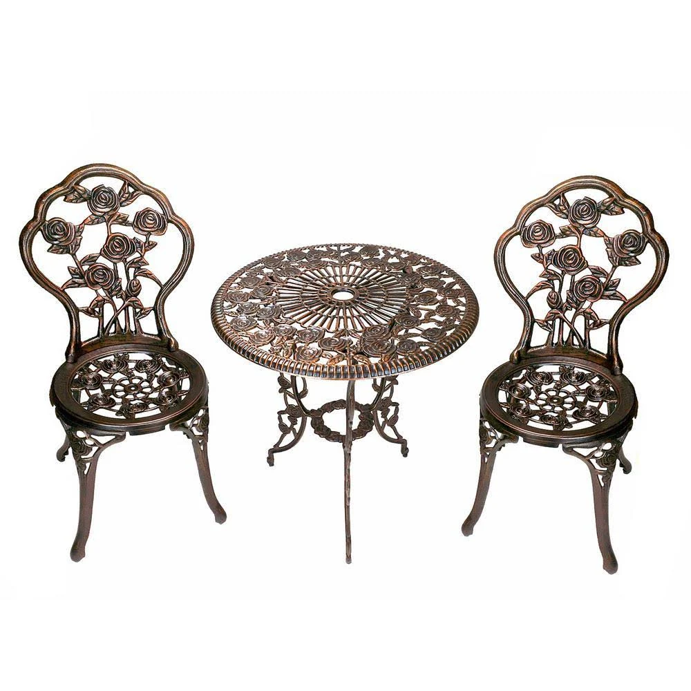 Oakland Living Rose 3-Piece Cast Metal Bistro Set with Cast Aluminum Top Table and 2 Chairs