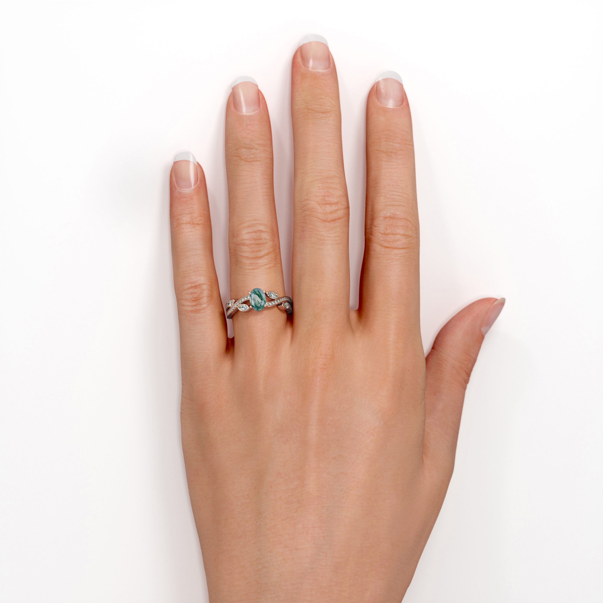 JeenMata 1.5 Carat Crossover Oval Shaped Opaque Milky Moss Green Agate And Moissanite Pave-Channel Bezel Filigree Engagement Ring In 18K Rose Gold Plating Over Silver