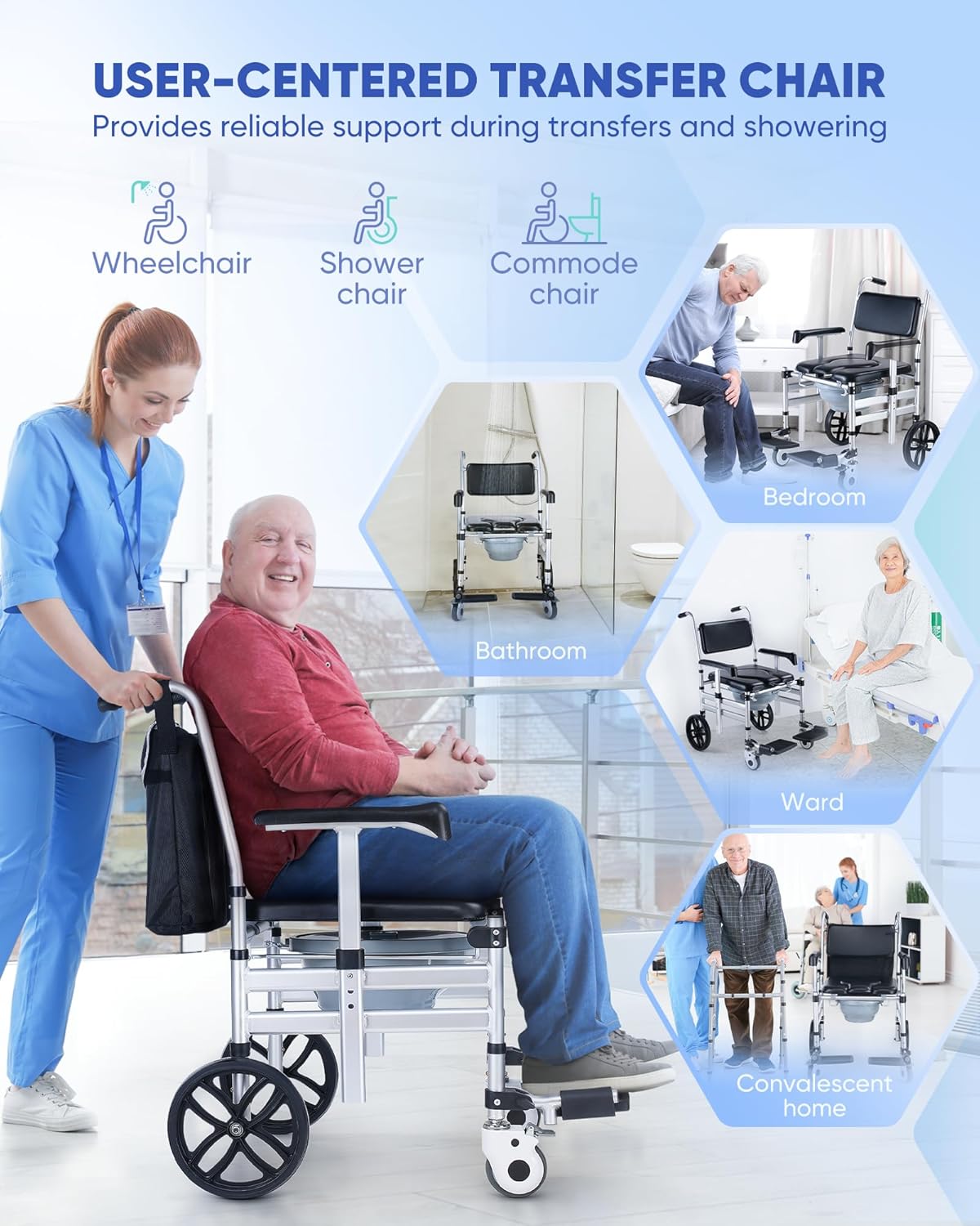 Foldable Shower Chair with Wheels, Hybodies 3 in 1 Multifunctional Aluminum Shower Wheel, Transport Chair, Commode, Rolling Bath Chair for Handicap & Elderly