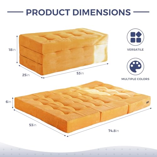 MAXYOYO Tri-Fold Mattress, 6 Inch Tufted Folding Mattress Full Foam Bed, Foldable Floor Mattress Guest Bed Mattress Topper Portable Camping Sleeping Bed with Corded Fabric, Black, 53"x75"