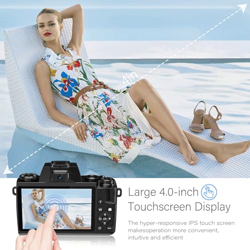 Saneen Digital Camera, 4k Cameras for Photography & Video, 64MP WiFi Touch Screen Vlogging Camera for YouTube with Flash, 32GB Card, Lens Hood, 3000mAH Battery, Front and Rear Cameras - Black