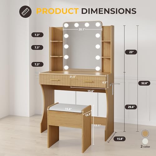 Vanity Desk with LED Lighted Mirror, Makeup Vanity with 3 Adjustable Lights, 2 Large Drawers and 4 Open Shelves, White Vanity with Storage Stool for Bedroom