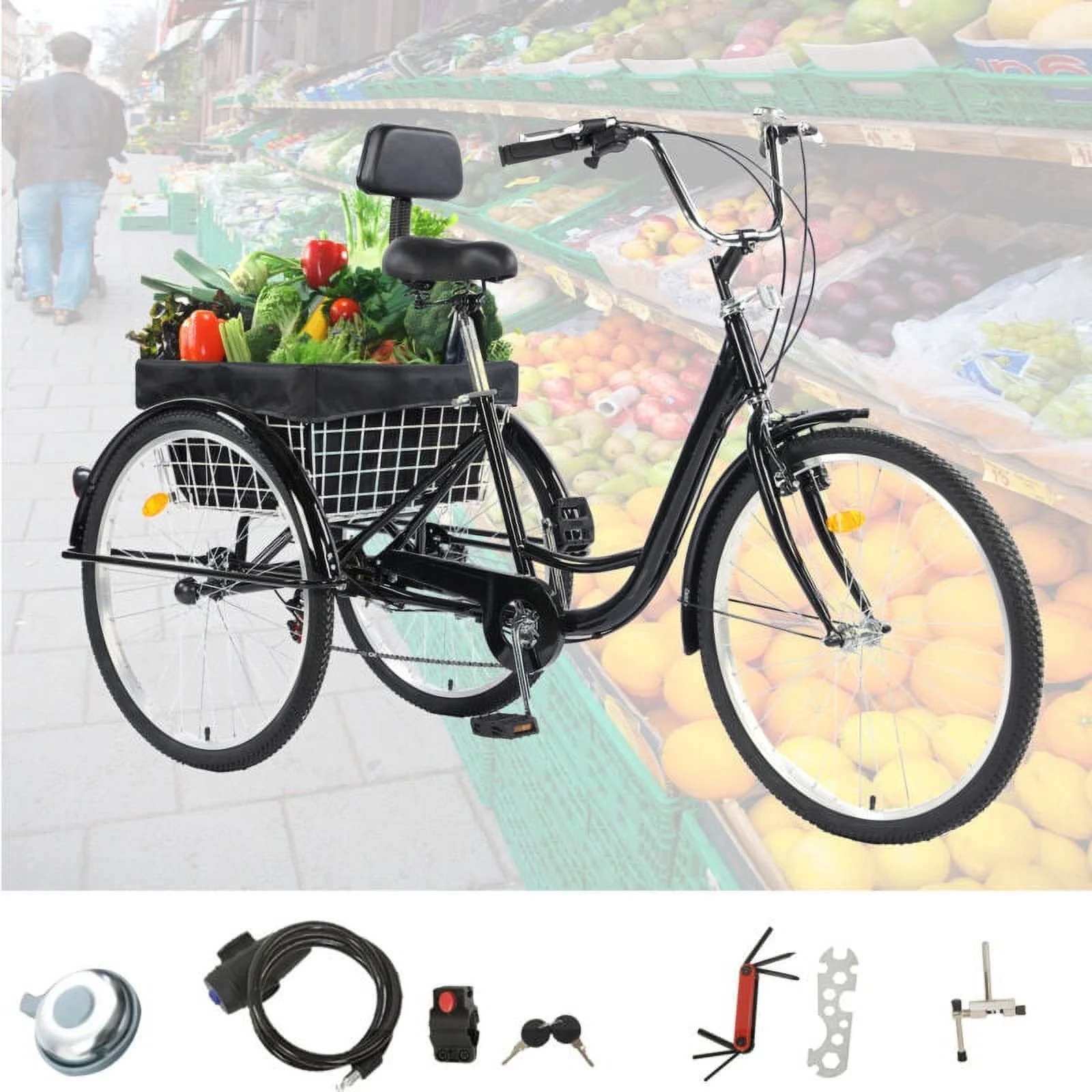 PRIJESSE 26 Inch  Adults Tricycle 7-Speed for Shopping and Travel with basket Multifunctional and Practical 3-Wheel Bike (Black)