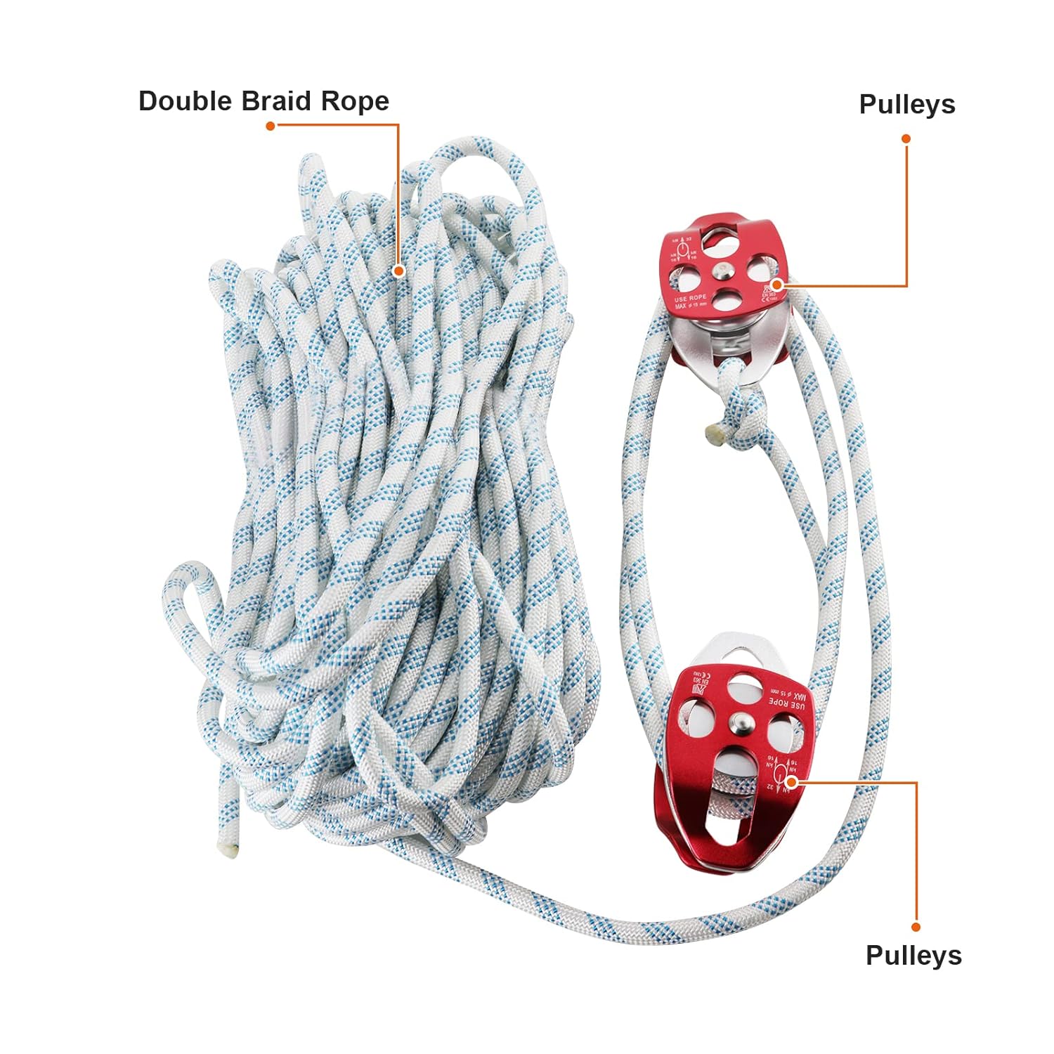 Pulley Block Twin Sheave Block and Tackle 2/5-1/2Inch 150Ft with Braid Rope 30-35KN 6600-7705LBS Capacity Easy Lifting Double Pulley Rigging Rope Great for Construction Work Moving Climbing