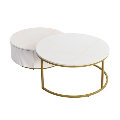 Round Nesting Coffee Table Set of 2 with Drawers, Stacking Sofa Side Furniture w/White Glossy Marble Veneer Top, Gold Frame, Fluted Design, for Living Room