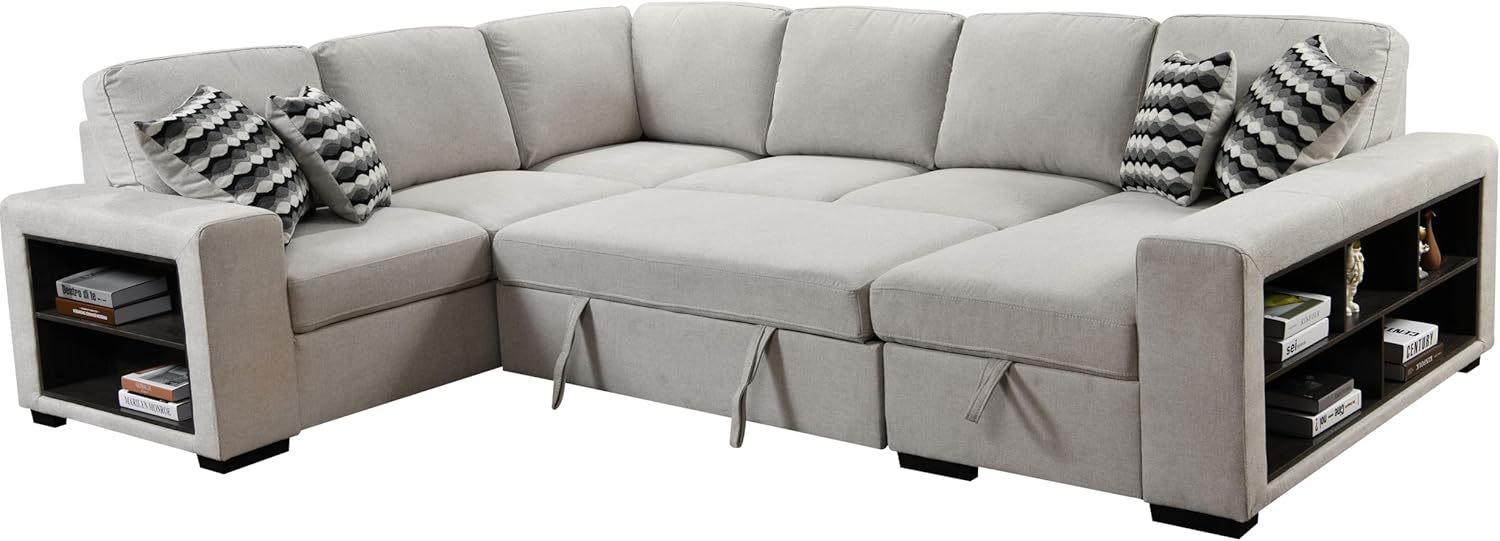 125'' Modern U Shaped 8 Seat Sectional Cabinet,Sofa Storage Chaise-Pull Out Couch Bed for Living Room, Beige