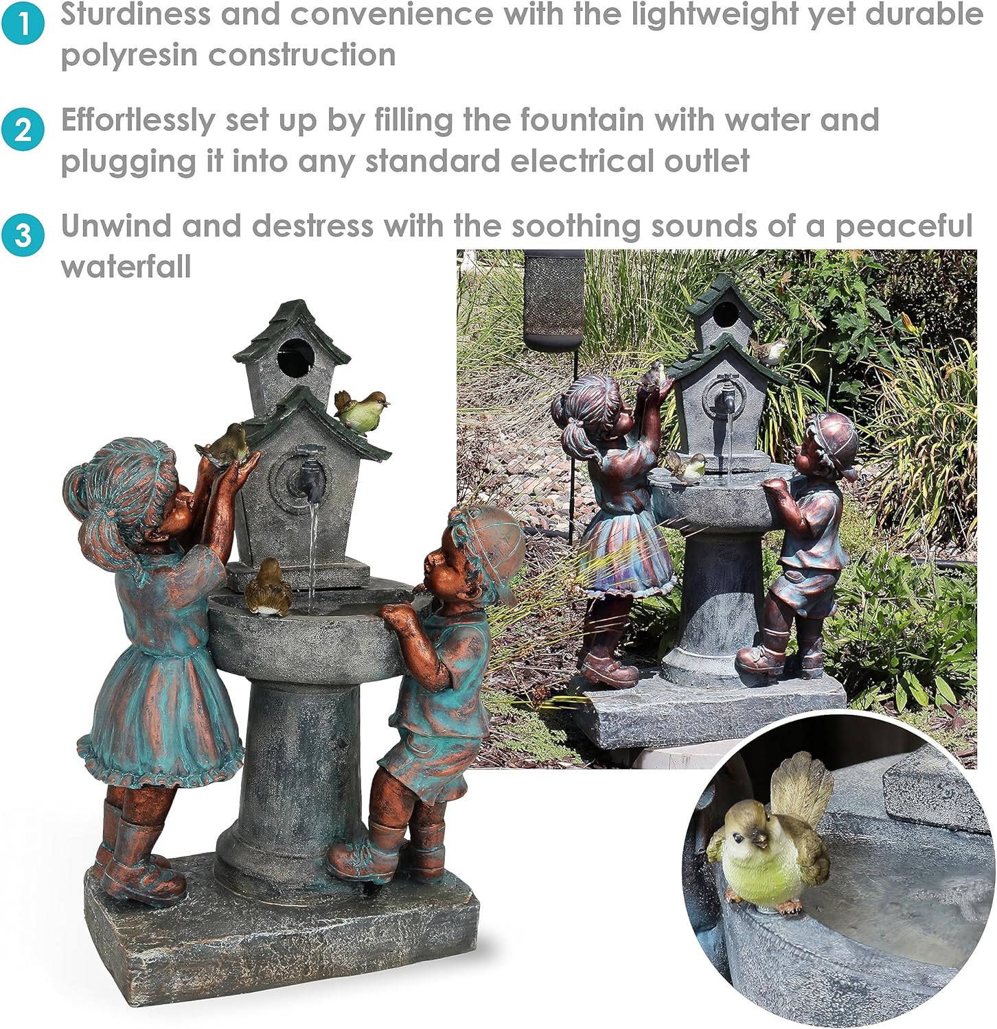 Sunnydaze 30-Inch Boy and Girl at Bird Bath Outdoor Water Fountain - Electric Submersible Pump with Adjustable Flow