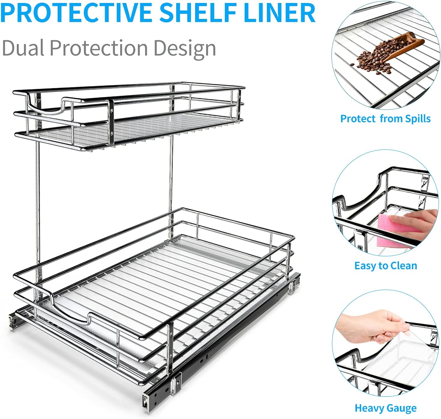 Bextsrack Under Sink Cabinet Organizer Storage with 2 Tier Pull Out Sliding Shelf with Protective Shelf Liners for Kitchen Bathroom Cabinet, 12.2Wx18.1Dx14.5H-Inch - Silver