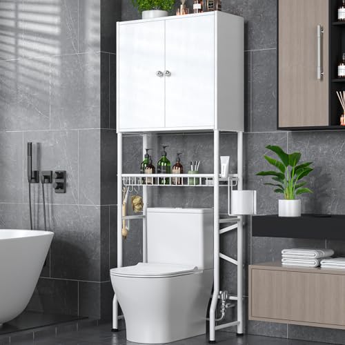 Over The Toilet Storage Cabinet - 2-Door Design Bathroom Organizers Shelf, Freestanding Space-Saver Above Toilet Storage Cabinet with Privacy Protection Rack, Water-Resistant Toilet Shelves (White)