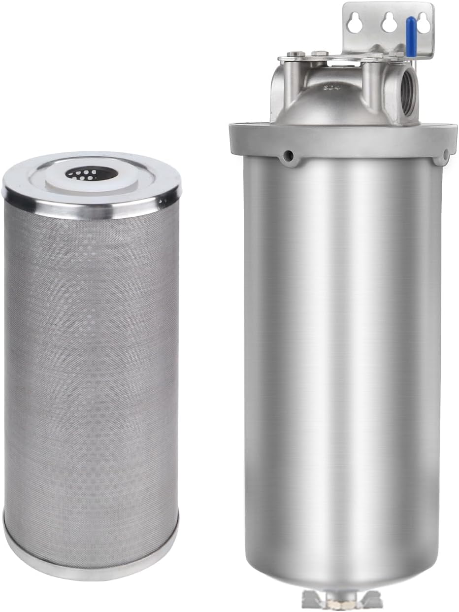 Amwater NSF/ANSI 42 Certification Stainless Steel Jumbo Filter Housing for 10”Length,4.5"OD Filter Cartridge, 1in NPT Inlet and Outlet/Filter Cartridge 10”Length,4.5"OD(50 Micron)