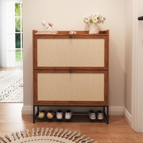 AVZEAR Shoe Cabinet, Shoe Cabinet Freestanding Tipping Bucket Shoe Rack Organizer with 3 Flip Drawers, Modern Entryway Narrow Shoe Rack for Entryway, Hallway, Bedroom (Natural)