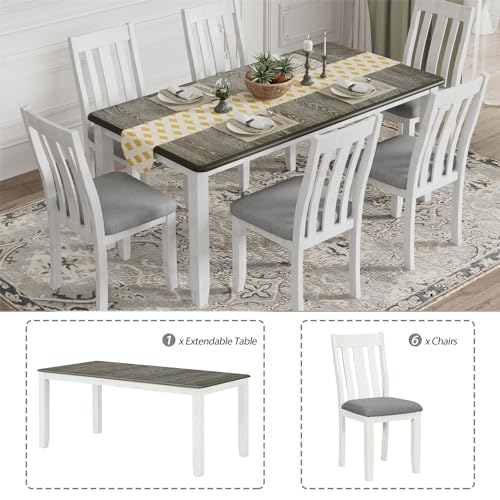 Harper & Bright Designs 7 Pieces Dining Table Set with 6 Upholstered Chairs and Extendable Tabletop, Solid Wood Kitchen Dining Room Table Set, Brown Tabletop + White