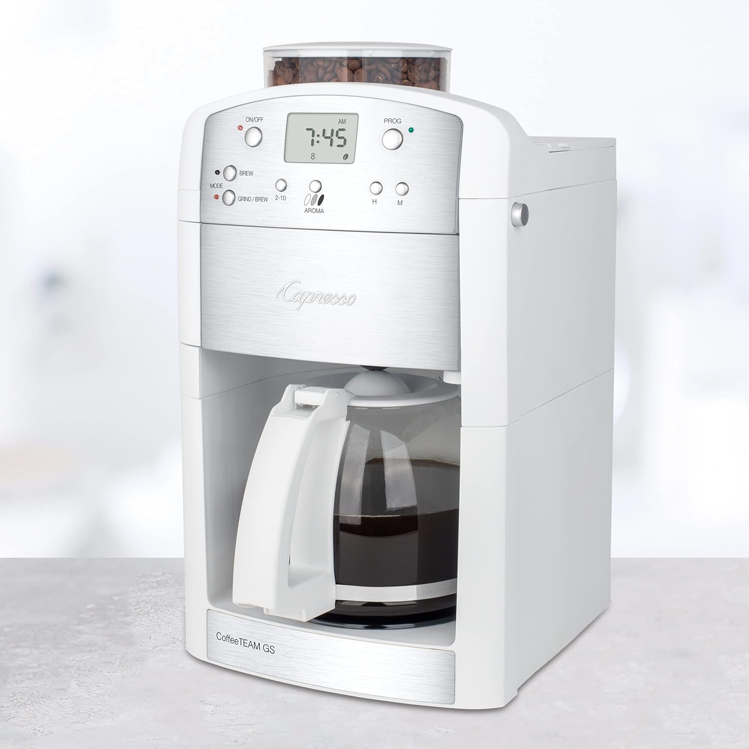 Capresso CoffeeTEAM GS 10-Cup Coffee Maker with Conical Burr Grinder, Glass Carafe 464.02 White