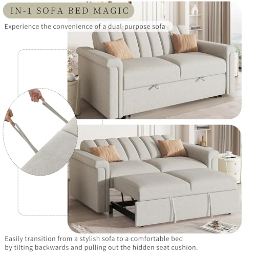 3 in 1 Convertible Sleeper Sofa Bed, Versatile Double Sofa with Pullout Bed with Adjustable Backrest, Futon Couch, Loveseat Sofa, Convertible Sofa, Recliner, Bed, for Living Room,Beige