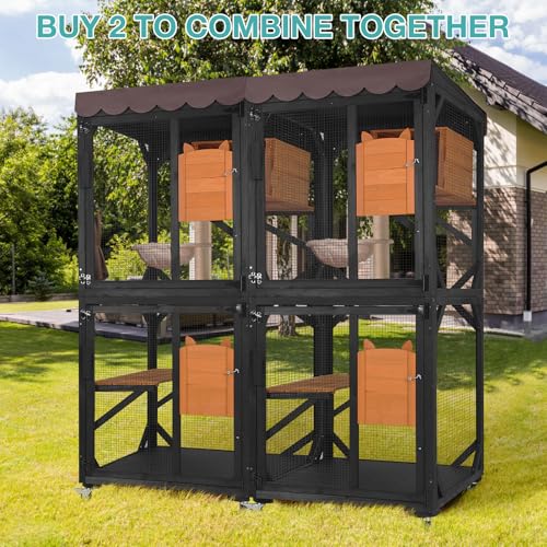 Catio Outdoor Cat Enclosure,Cat House with Wheels,Upgraded cat Scratching Post，Resting Box,Waterproof Roof for Patio Garden (Grey, 31.5" L x 31.5" W x 70.9" H)