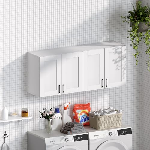 White Laundry Room Cabinets and Storage with 4 Doors and Utility Adjustable Shelf，Gabinetes Para Cocina Cupboard Kitchen Organizers and Storage Pantry Wall Mounted 12.4"D x 47.2"W x 19.7"H