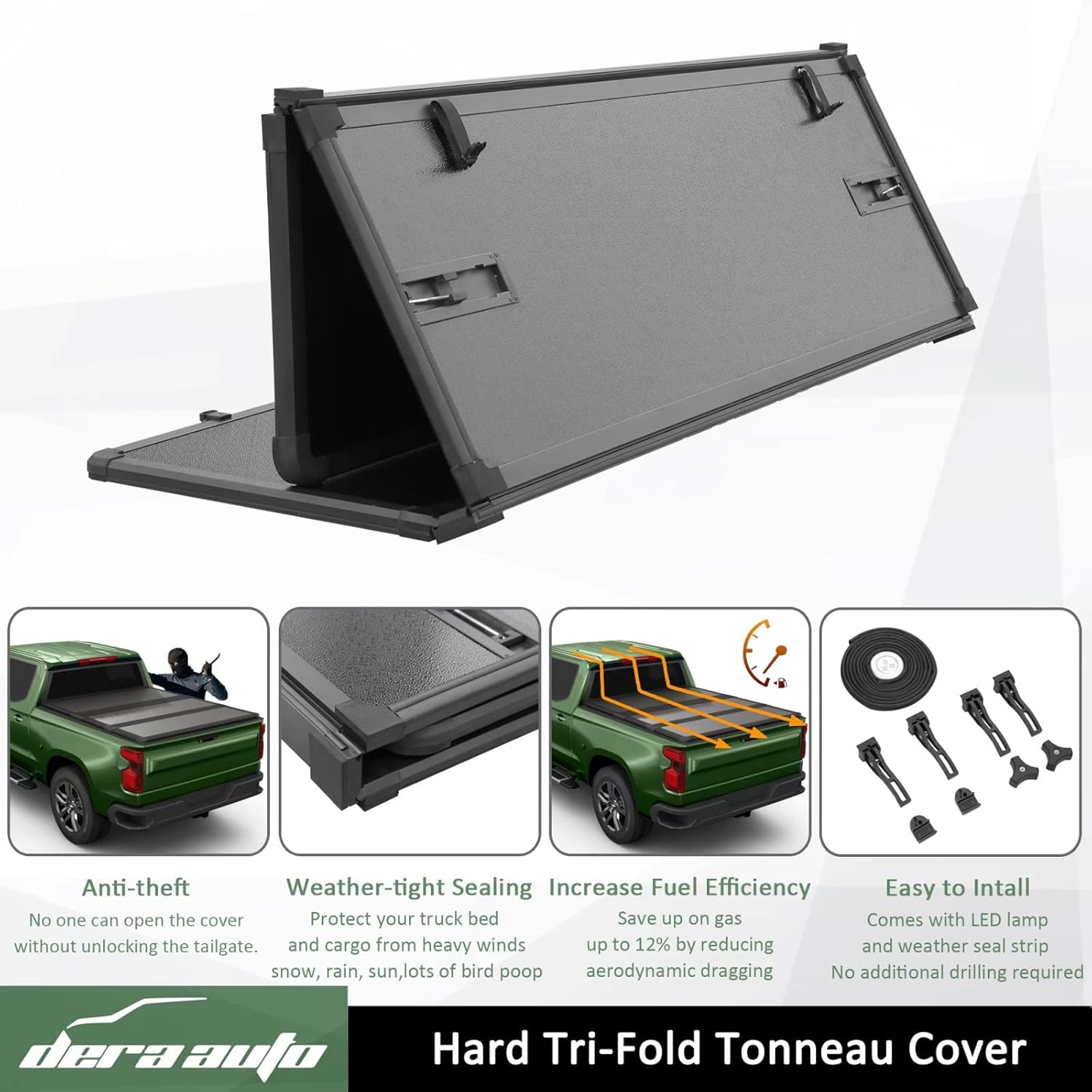 Dera Auto Hard Tri-Fold Truck Bed Cover Fits 2015-2022 F150, Styleside 5.5ft/67.1in Bed Tonneau Cover