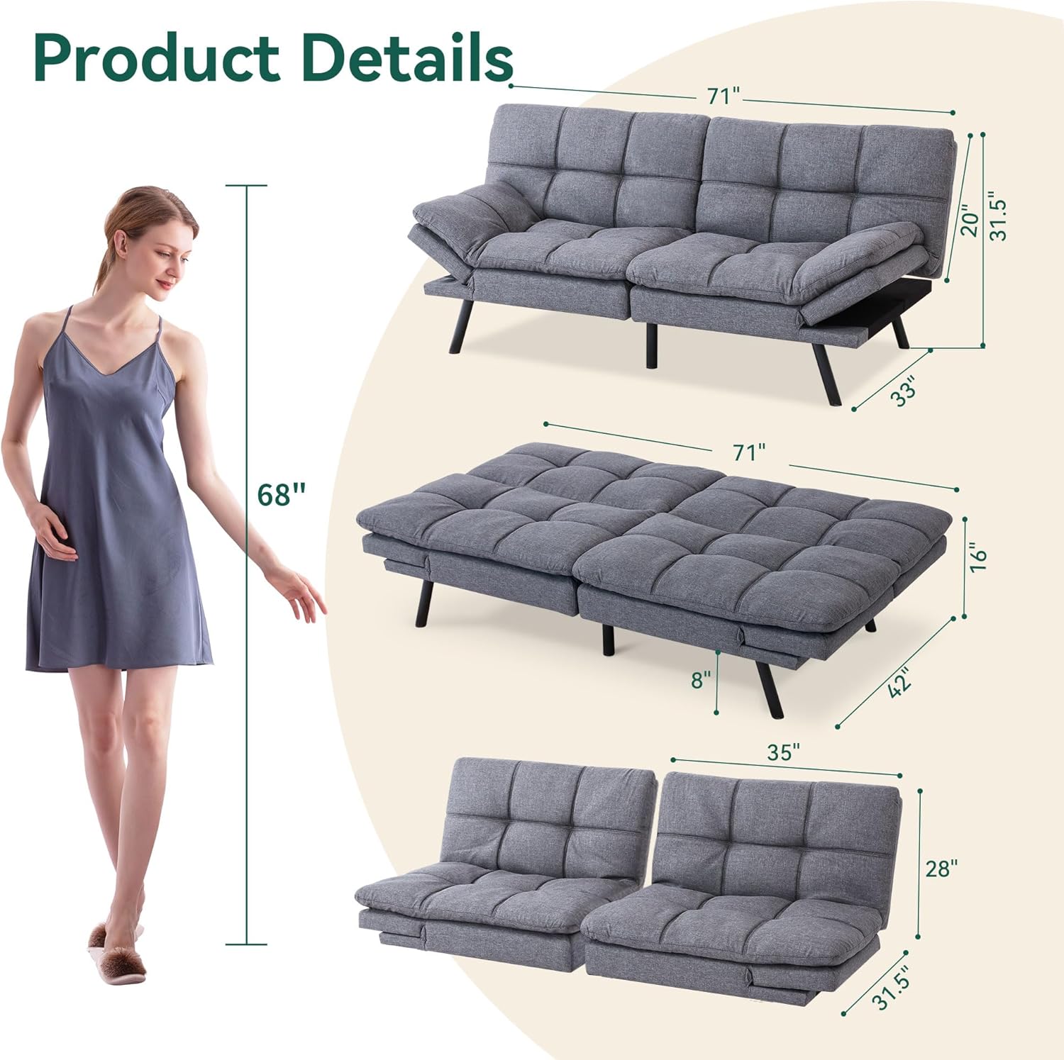 Convertible Futon Bed,Gray Memory Foam Sofa Loveseat Sofabed, Light Grey