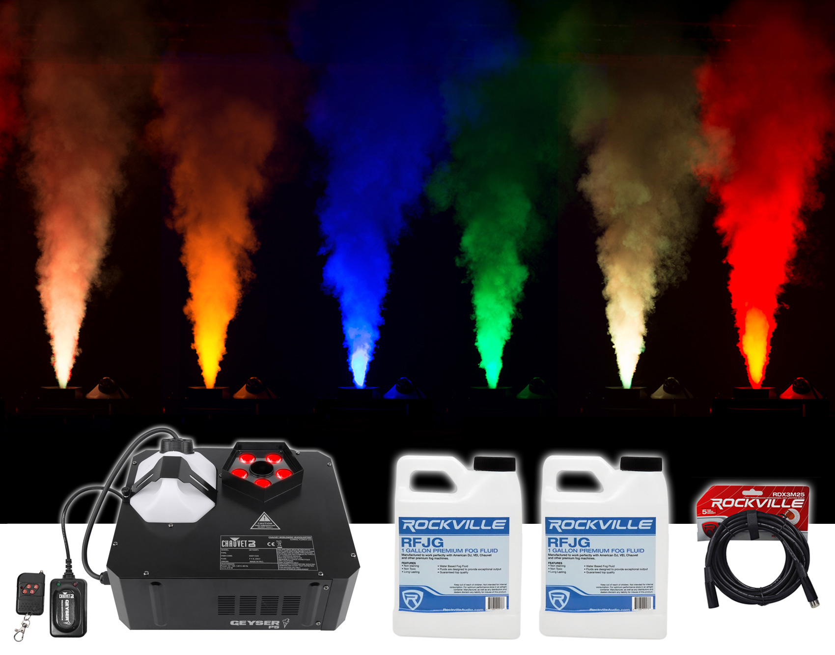Chauvet DJ GEYSER P5 Fog Machine Fogger w/Effects+Remote+2) Gal. Fluid+DMX Cable