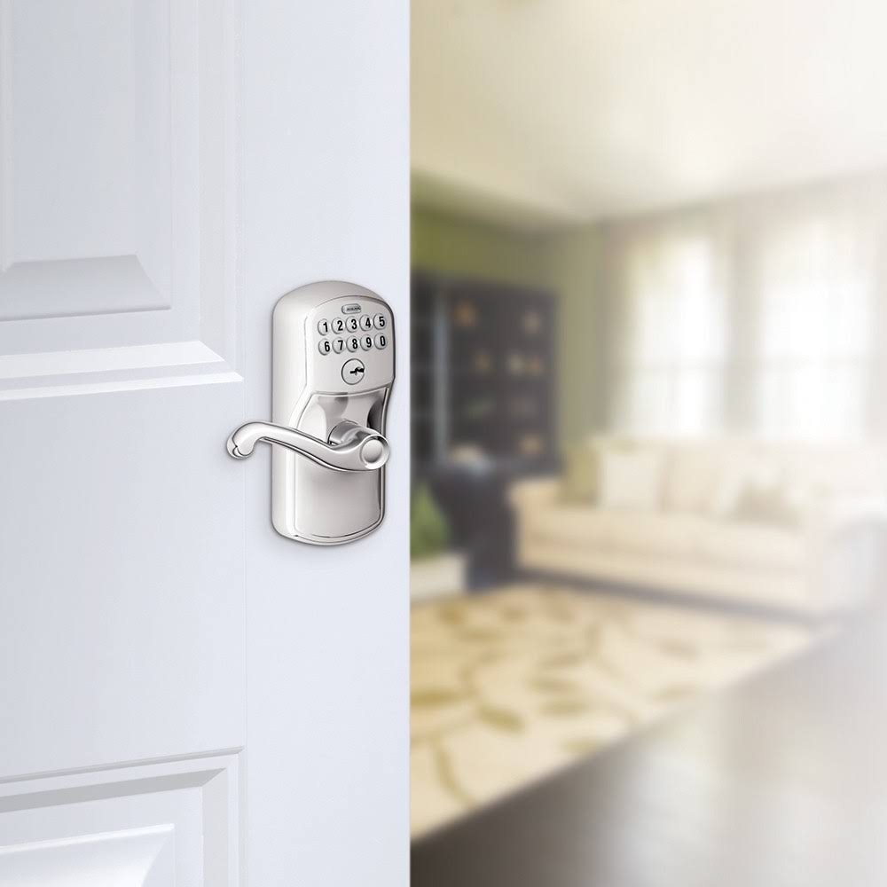 Schlage FE595 PLY/FLA Plymouth Keypad Flex-Lock Entry Leverset with Flair Lever Satin Chrome