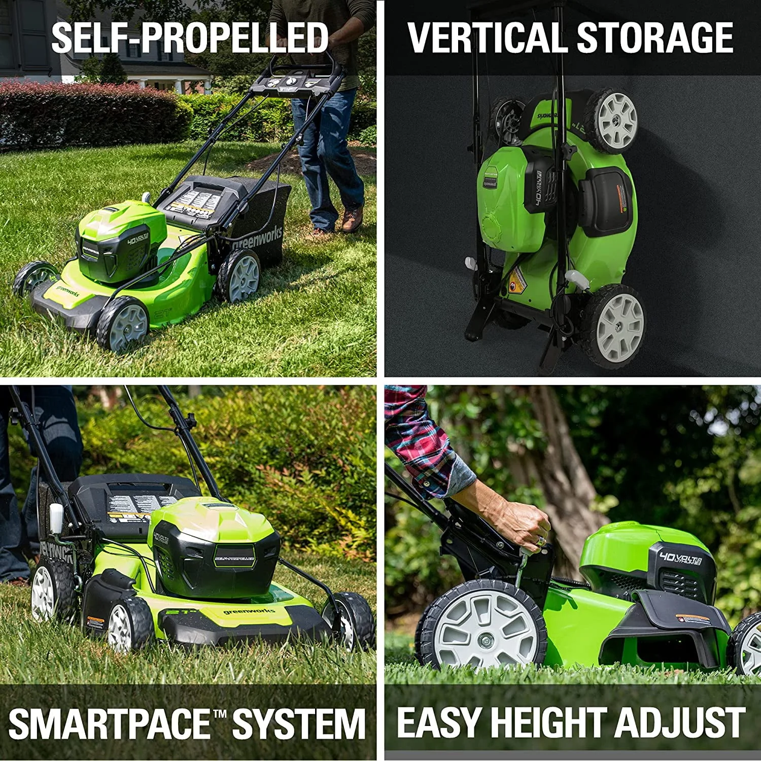 Greenworks 40V 21 Brushless (Smart Pace) Self-Propelled Lawn Mower, 2 x 4Ah USB (Power Bank) Batteries and Charger Included MO 21 Mower (2 x 4.0Ah)
