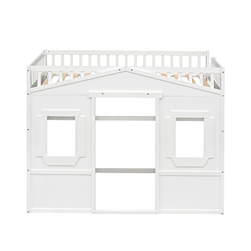 Full House Loft Bed Frame for Kids, Wood Full Loft Bed with Windows and Guardrail, Playhouse Bed, Full Size Loft Bed for Boys & Girls, No Box Spring Needed, Underbed Height is 51 Inches, White