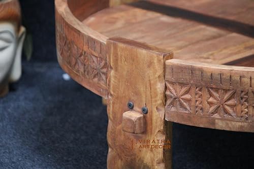 Handcrafted Wooden Coffee Table with Intricate Carved Design,Round Solid Wood CHakki Table (45x45x20 cm)