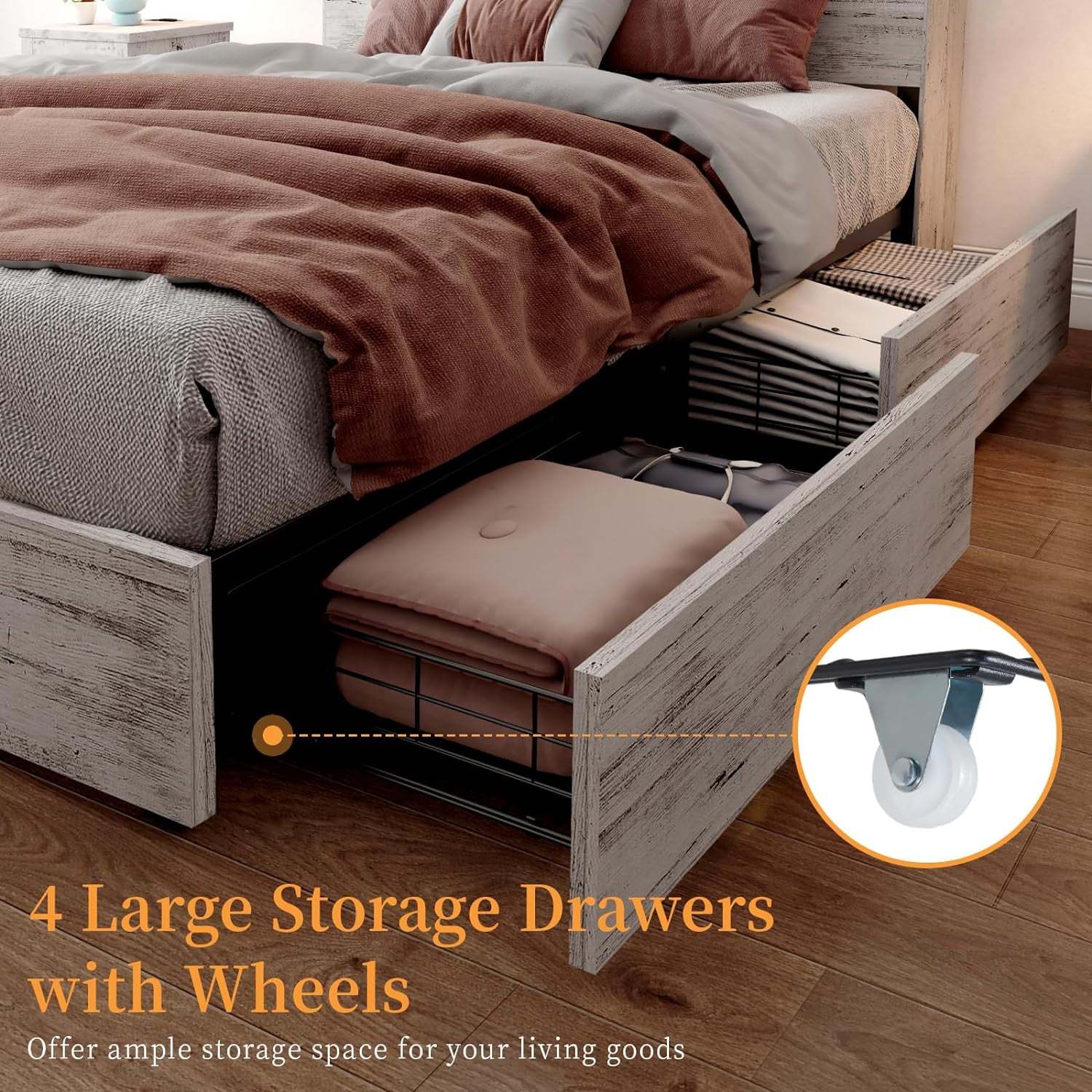 LUXOAK Queen Size Bed Frame with LED Bookcase Headboard, Wooden Storage Bed with Charging Station & 4 Drawers, White Birch