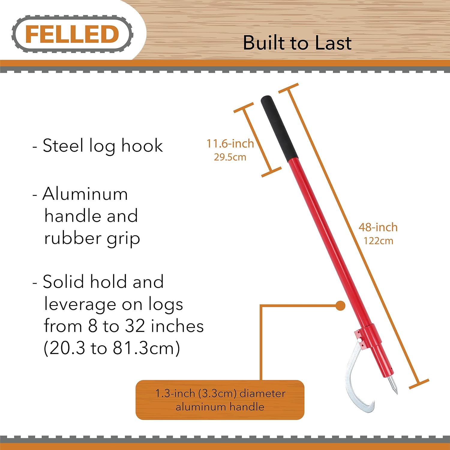 Felled Log Peavey with Moving Hook - 48in Log Roller with Aluminum Handle to Roll and Separate Logs 8 to 32 Inches Dense