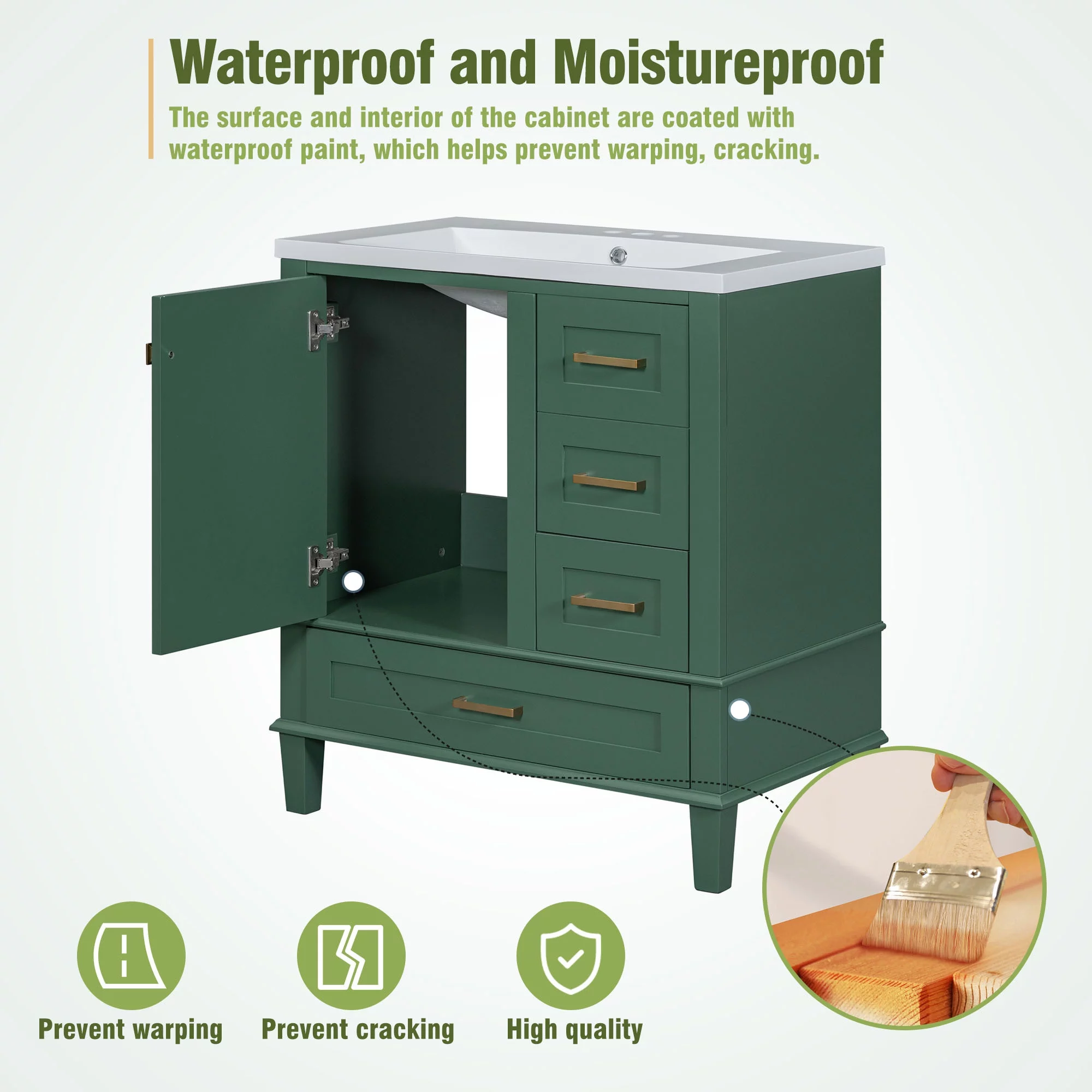 EUROCO 30" Modern Bathroom Vanity Cabinet Solid Wood with Top Basin,Bathroom Storage Cabinet with Soft Closing Door and 3 Drawers,Green