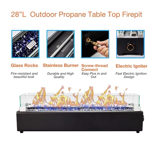 28-inch Table Top Propane Fire Pit, 40,000 BTU Tabletop Firepit for Patio, Outdoor Portable Fireplace Rectangular Fire Bowl w/Wind Glass Shield, Glass Rocks - Black