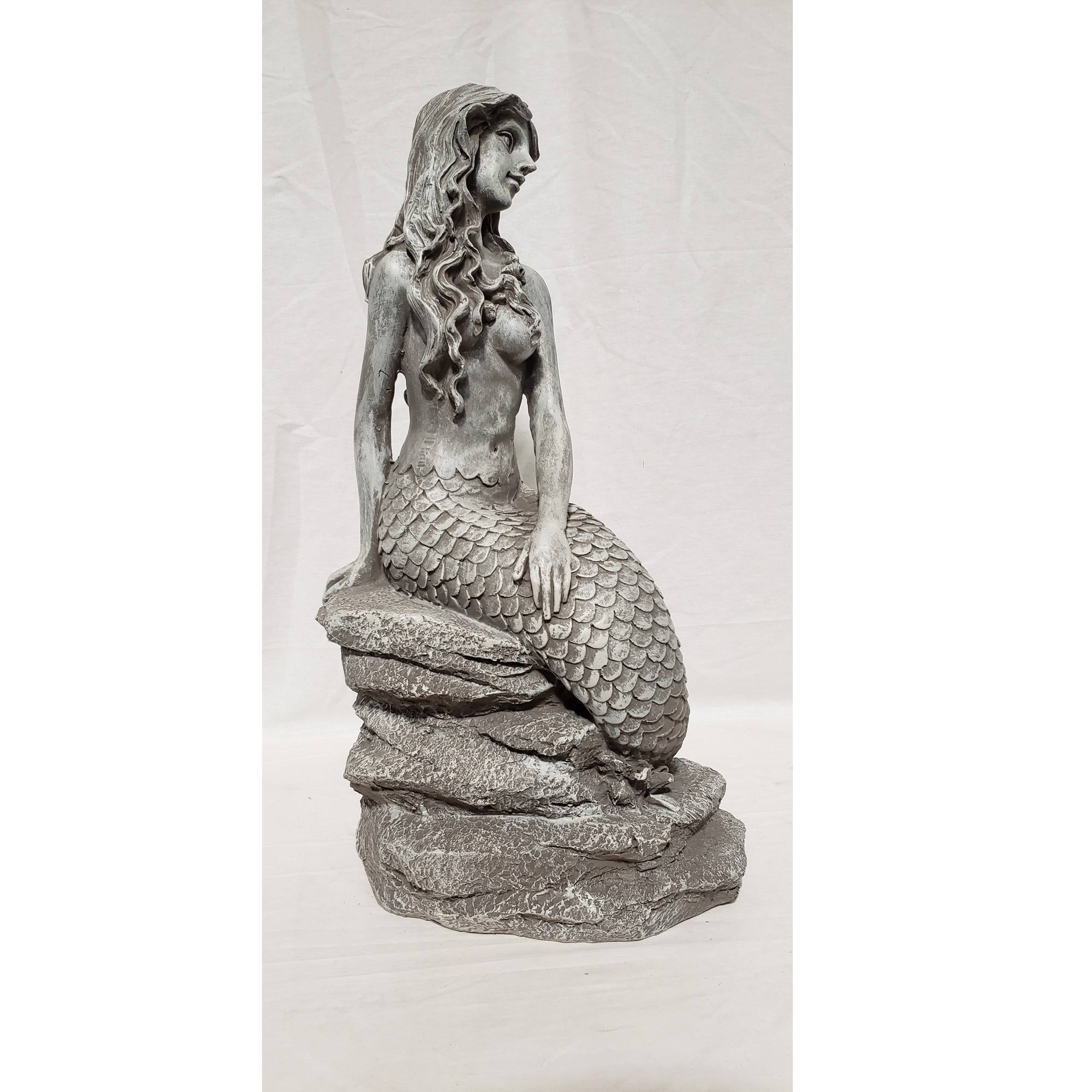 20x22 Gray Whitewashed Ceramic Nautical Smiling Mermaid Statue