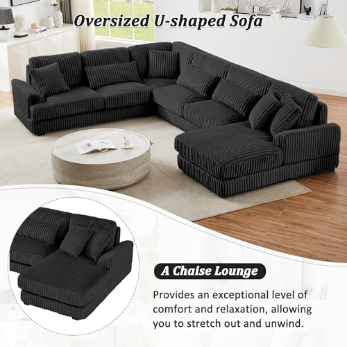 Oversized U-Shaped Sectional Sofa Couch Plush Corduroy Upholstered Modular Deep Seat Sofa&Couch Sectional W/Right Facing Chaise Lounge and 7 Toss Pillows for Home Apartment Living Room Furniture Sets