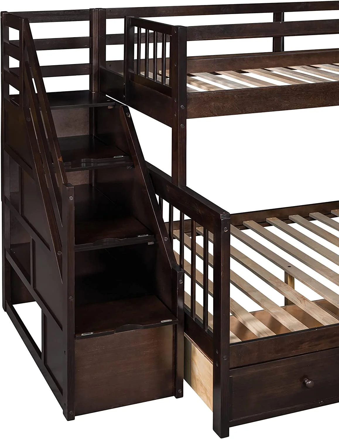 Twin Over Full L-Shaped Triple Bunk Bed for Kids, Wooden Corner Bunk Bed with 3 Storage Drawers Attached a Twin Loft Bed,Bunk Beds with Stairs and Ladder for Boys Girls Teens,Espresso