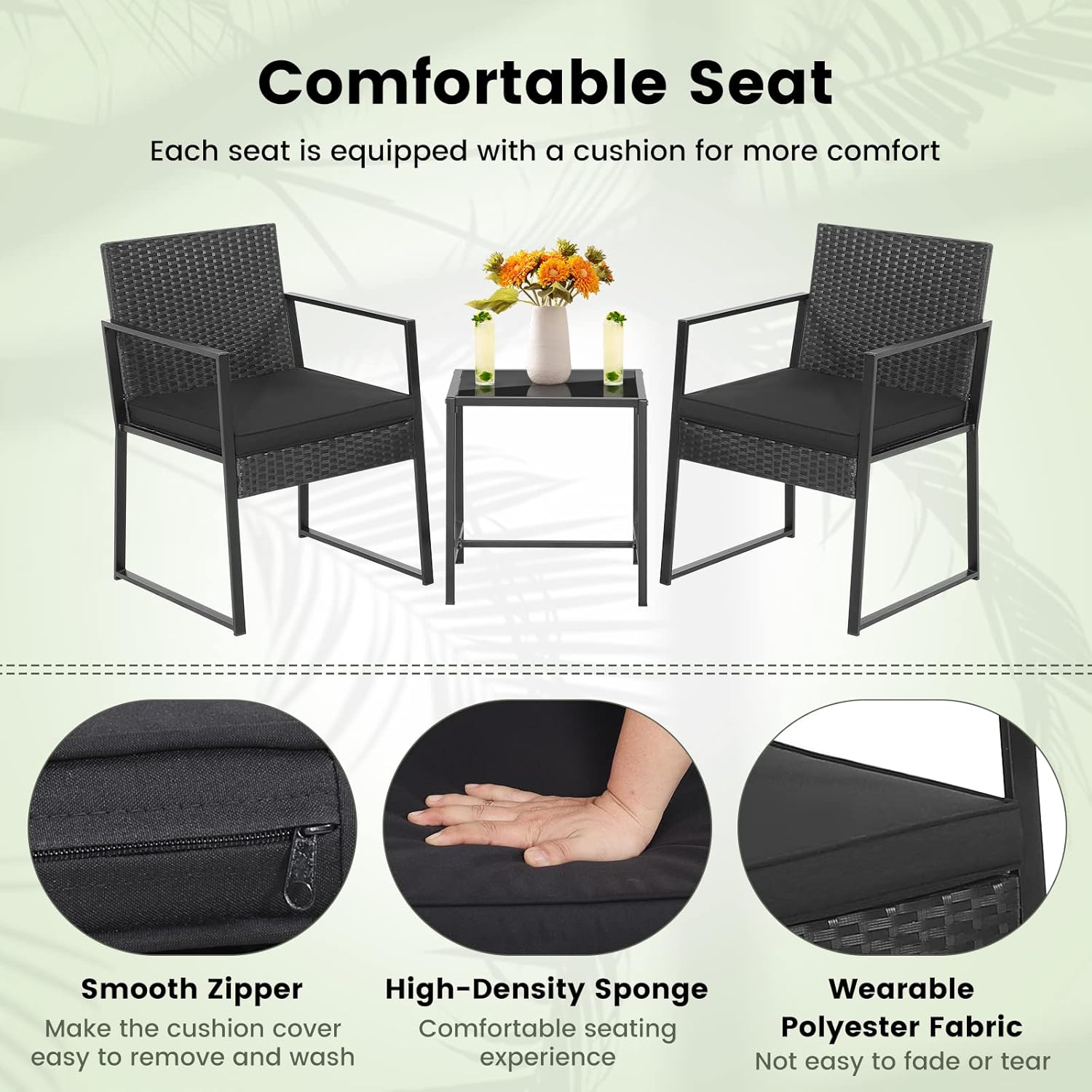 COSTWAY 3pcs Patio Furniture Set Heavy Duty Cushioned Wicker Rattan Chairs Table Outdoor Black