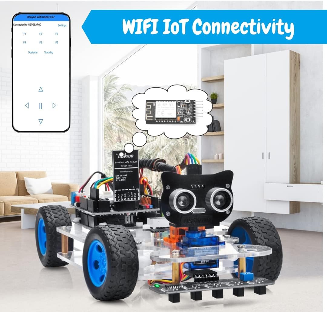 OSOYOO Robot Rc Smart Car DIY Kit to Build for Adults Teens with Servo Power Steering Motor, WiFi, Bluetooth, Code Programmable Compatible with Arduino UNO