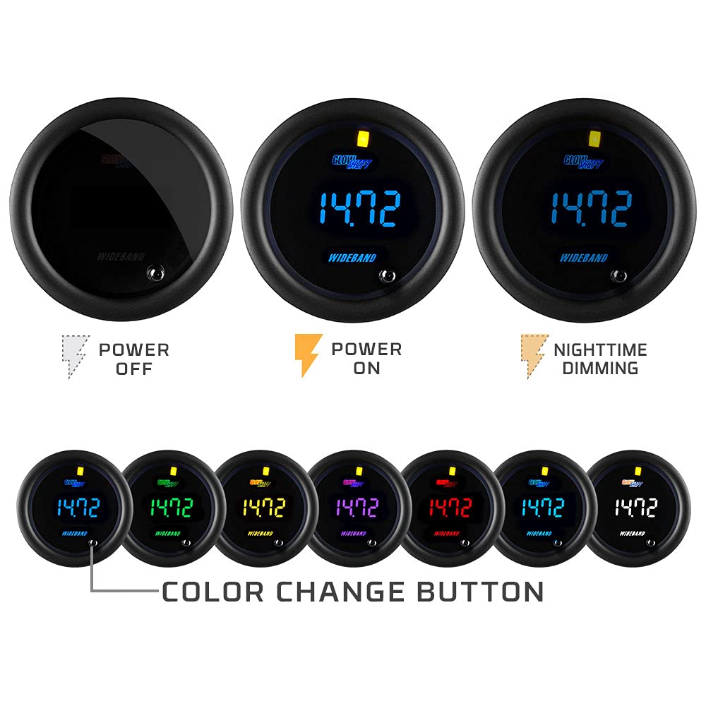 GlowShift Tinted 7 Color Digital Wideband Air / Fuel Ratio AFR Gauge Kit - Includes Oxygen Sensor, Data Logging Output & Weld-in Bung - Smoked Lens - Multi-Color LED Display - 2-1/16" 52mm