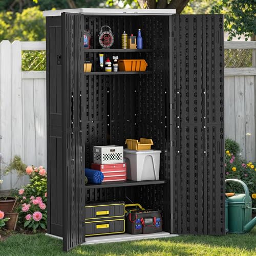 YITAHOME Outdoor Storage Cabinet with 2 Shelves, Waterproof Resin Horizontal Tool Shed, Lockable 15 cu. ft. Storage Shed for Patio, Garden, Yard, Dark Gray