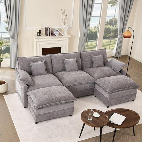 108" U Shaped Couch, Modular Sectional Sofa, 3-Seater Comfy Cloud Couch with Movable Ottoman, Deep Seat Couches for Living Room, Chenille, Black