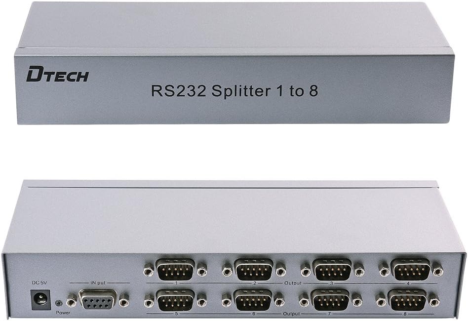 DTECH Industrial 8 Port RS232 Serial Splitter Switch Box with Power Adapter for Sharing PCs and Capture Data - COM Port Expander 1x8