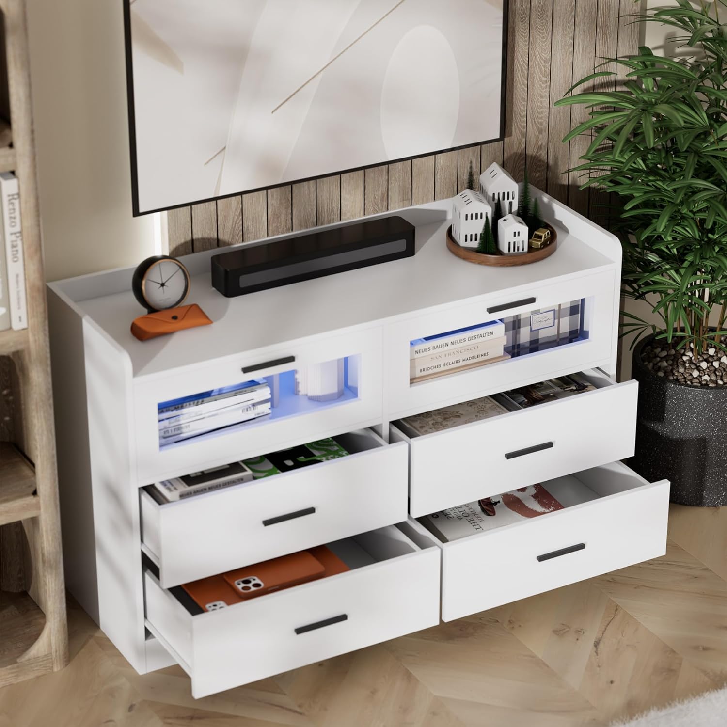 Cozy Castle 6 Drawer Double Dressers LED Modern Chest of Drawers Large Organizer Wood Accent Storage Cabinets for Living Room Home Office Entryway, White