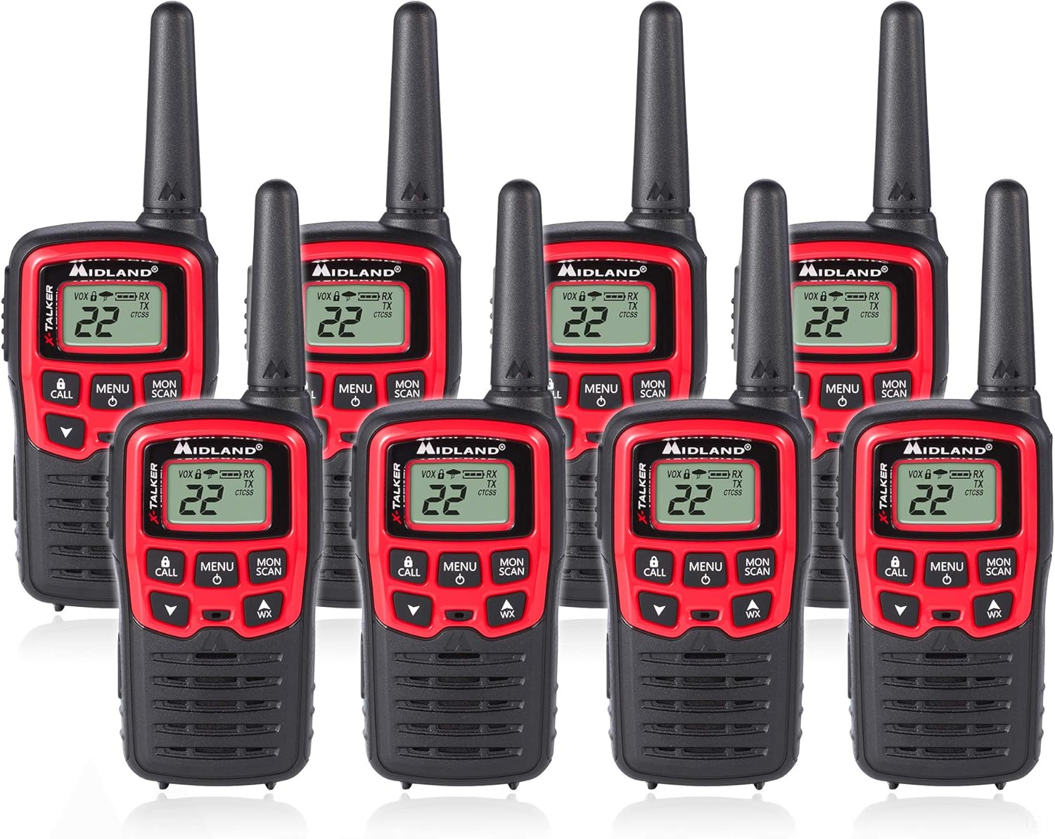 Midland T31VP 22 Channel FRS Walkie Talkie - Up to 26 Mile Range Two-Way Radio - Red/Black (Pack of 8)